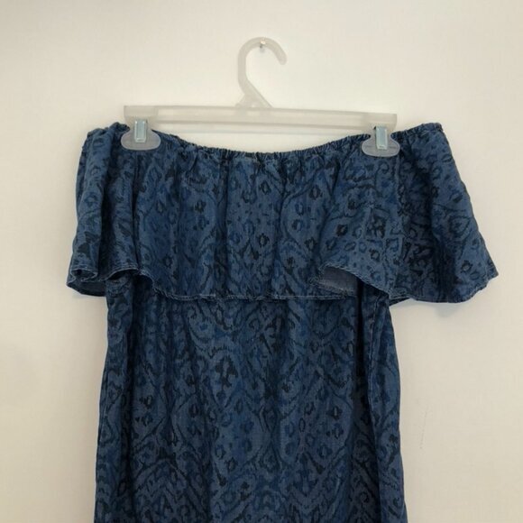 SOFT SURROUNDINGS Dark Wash Denim Chambray Aztec Boho Off the Shoulder Tunic Top - Picture 10 of 11
